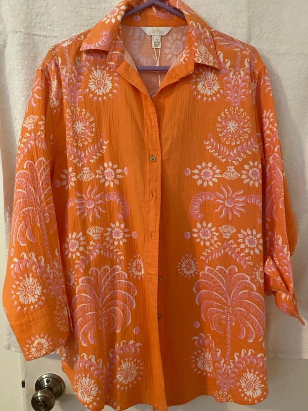 Lilly Pulitzer. Bright Orange Button-Up Shirt with White Floral Print